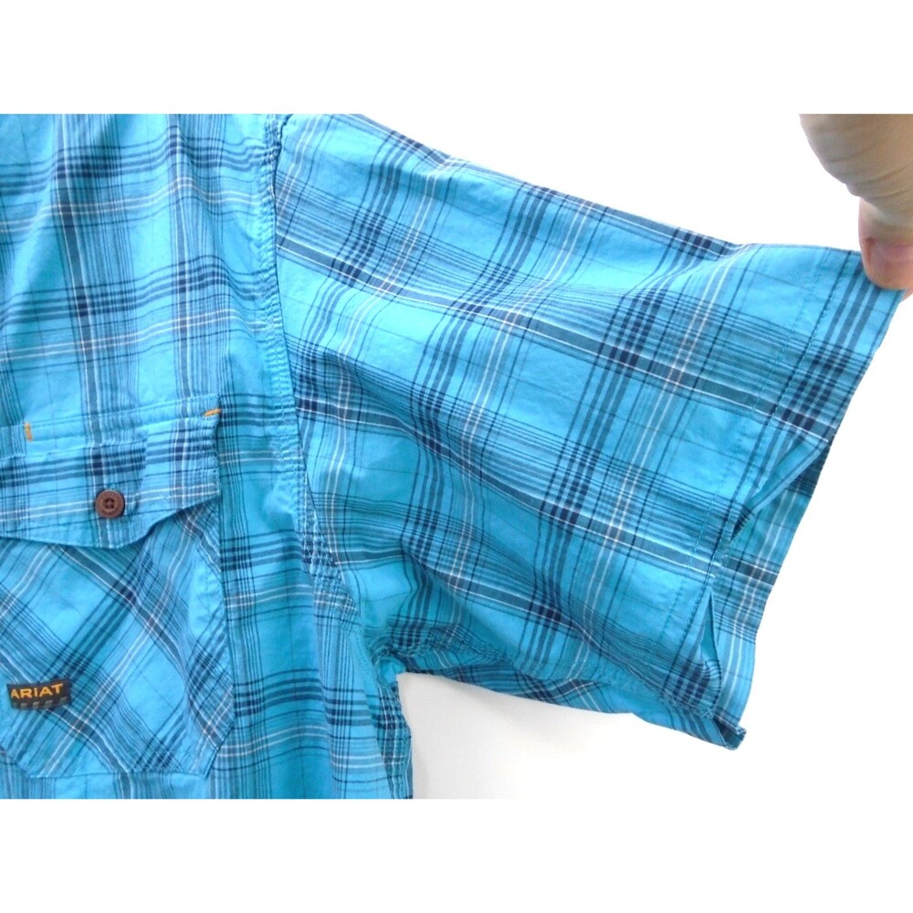 Ariat Rebar Work Shirt Mens Large Turquoise Plaid DuraStretch Short Sleeve Blue - Picture 5 of 11